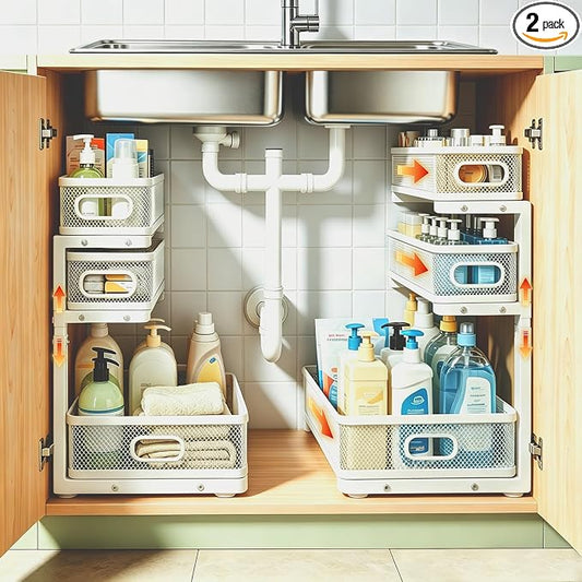 2 Pack 3 Tier Under Sink Organizer with Pull Out Drawer, Height Adjustable Heavy Duty Metal Under Cabinet Organizer, Smooth Sliding Storage Shelf for Kitchen, Bathroom Cabinet Organization, White by Unknown