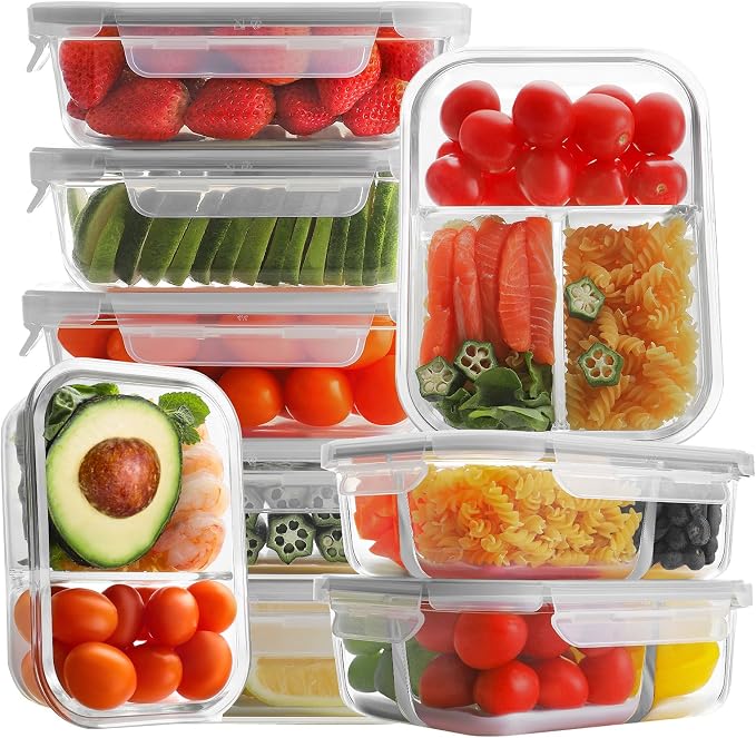Bayco 9 Pack Glass Meal Prep Containers - 3, 2 & 1 Compartment Glass Food Storage Containers with Lids, Airtight & Leak Proof Lunch Bento Boxes - Grey by Bayco