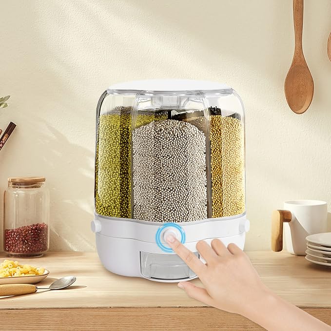 360° Rotating Grain Dispenser with 6 Grids, 27lbs Large Capacity Grain Dispenser Rotating Kitchen Storage Containers With Sealed Lid for Cereals, Oatmeal and Candy - Image 8