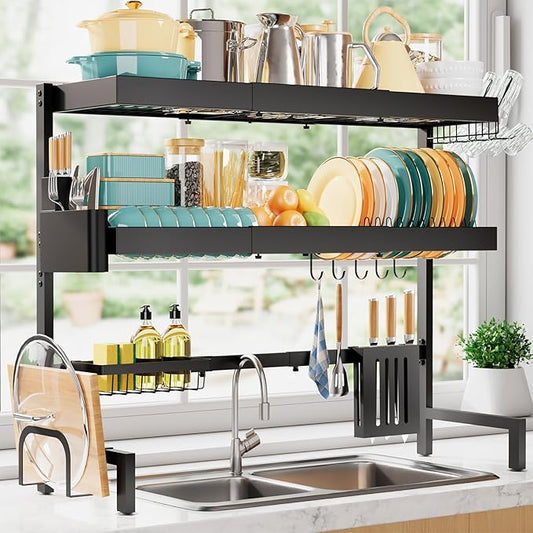 Sakugi 3-Tier Dish Drying Rack Over The Sink, Expandable for Counter | Rustproof Stainless Steel Kitchen Storage Organizer, Space-Saving 31.5"–39.5"Lx12"Wx33"H, Black by Sakugi