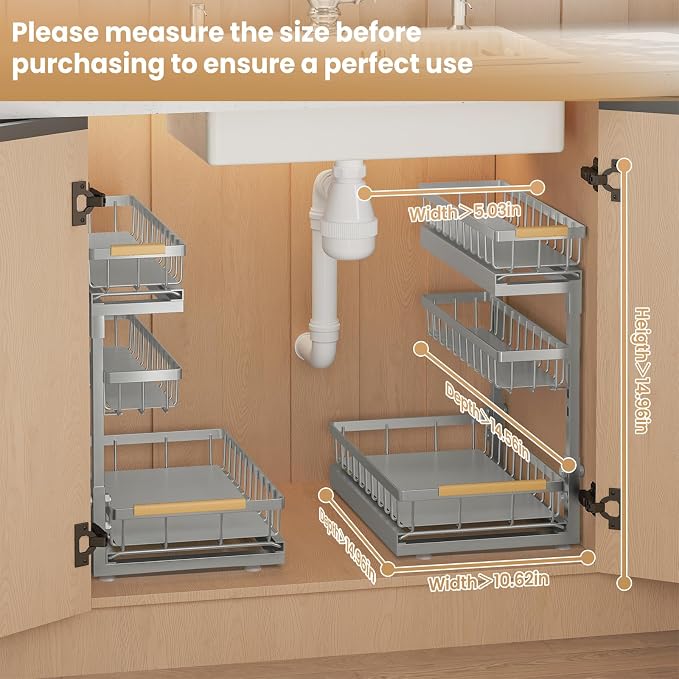 Under Sink Organizer and Storage for Bathroom and Kitchen - 2 Pack 3 Tier Cabinet Pull Out Shelf Organizers - Slide Out Drawer Organization for Home Cabinets Shelves and Drawers - Image 8