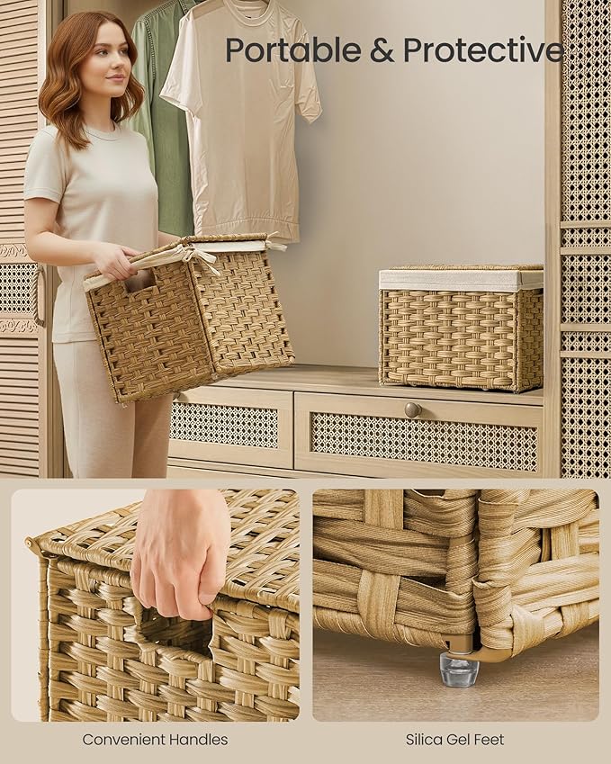 SONGMICS Storage Basket with Lid, Woven Blanket Storage Bin with Handles, Foldable, Removable Liner, Metal Frame, for Bedroom, Laundry Room, 9.2 Gallons (35 L), Natural URST040YE01 - Image 5
