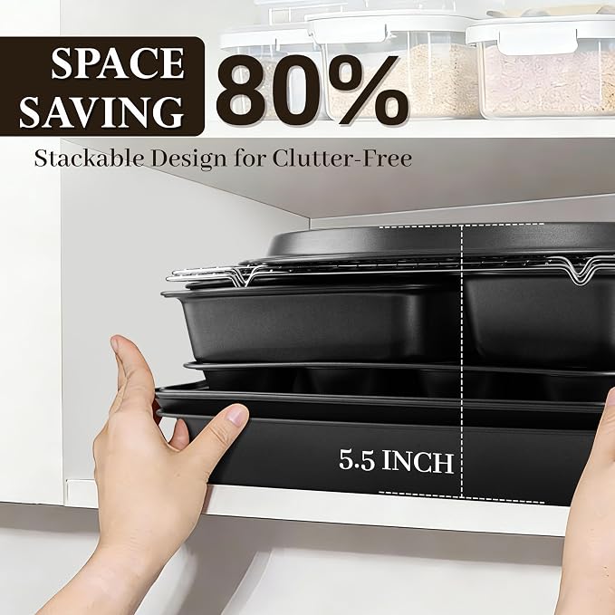 13 PCS Nonstick Bakeware Set - Carbon Steel Baking Pans Set with Dual Handles, Includes Roasting Pan, Pizza Pan, Cookie Sheet, Cake Pans, Muffin Pans, Cooling Rack, Oven Mitts, Non-Toxic - Image 2