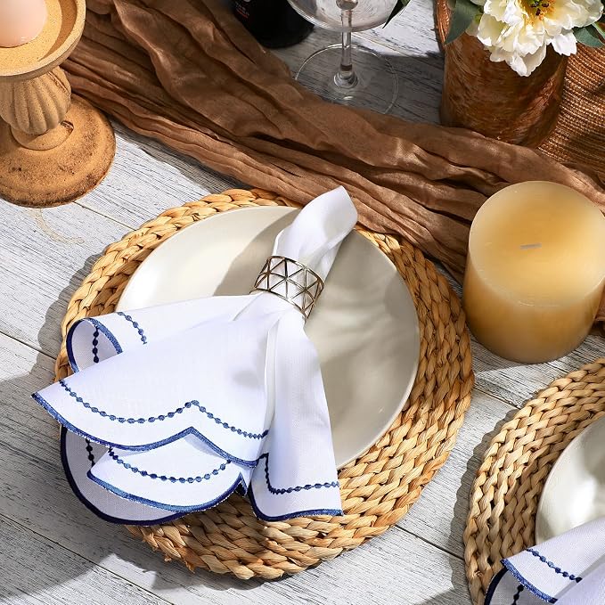 Hahafelt Cloth Napkins 18x18inches Scalloped Embroidery Cloth Napkins Washable Polyester Table Dinner for Hotel Restaurant Weddings Events Parties(Navy Blue,12 Set) - Image 4