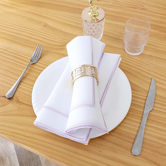 Majestic Giftware Set of 12 Polyester Napkins (NPK-LA) | White Lavendar Trim Design Dinner Napkins Cloth | Linen Look Washable Cloth Napkins Set for Weddings, Banquets, or Restaurants (20" x 20") - Image 3