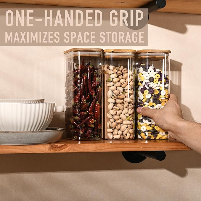 D2scrma 56oz Rectangle Airtight Glass Storage Containers with Bamboo Lids (Set of 3), Square Food Storage Jar, Pantry Organizers for Oats, Cereal, Pasta and Coffee beans (‎with Black Lable) - Image 3