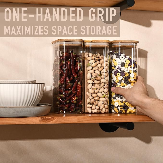D2scrma 56oz Rectangle Airtight Glass Storage Containers with Bamboo Lids (Set of 3), Square Food Storage Jar, Pantry Organizers for Oats, Cereal, Pasta and Coffee beans (‎with Black Lable) - Image 3