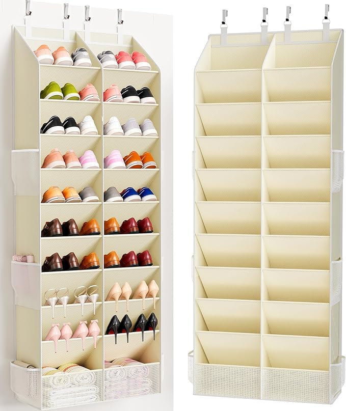 Over the Door Shoe Organizer, 20-30 Pairs Heavy-Duty Hanging Shoe Storage with Large Pockets, 10-Tier Door Shoe Rack with 4 Hooks for Sneakers Sandals Heels Boots (Beige) by Criusia