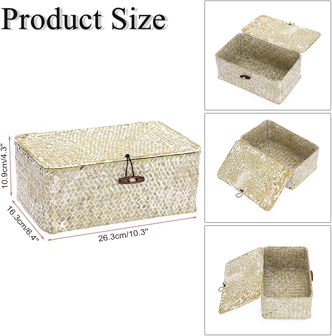 Hipiwe Small Woven Wicker Shelf Basket Bin with Lid Natural Seagrass Basket | Basket Storage Boxes for Shelf, Multipurpose Home Organizer Bins for Closet Bedroom Living Room Home Decor, Whitewash - Image 2