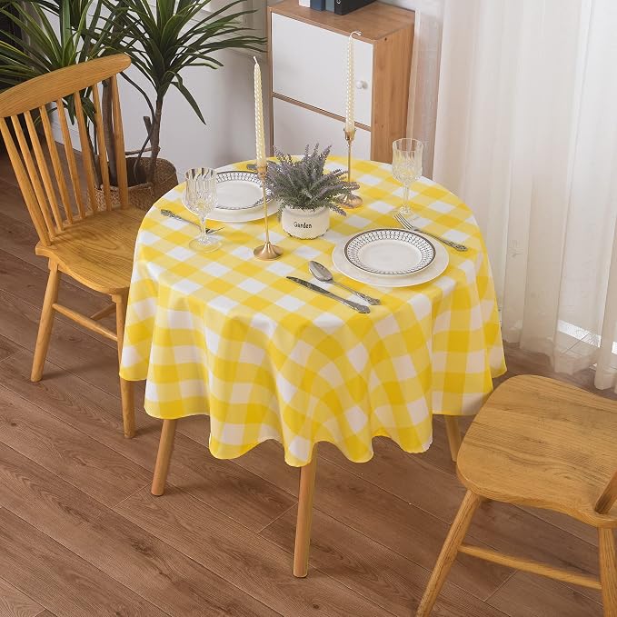 Cupuamon 2 Pack Waterproof Polyester Fabic Round Checkered Tablecloth，60 Outdoor Table Cloth，Oil Stain Prevention Table Cloth for Pinics and Parties（Yellow and White） by Cupuamon