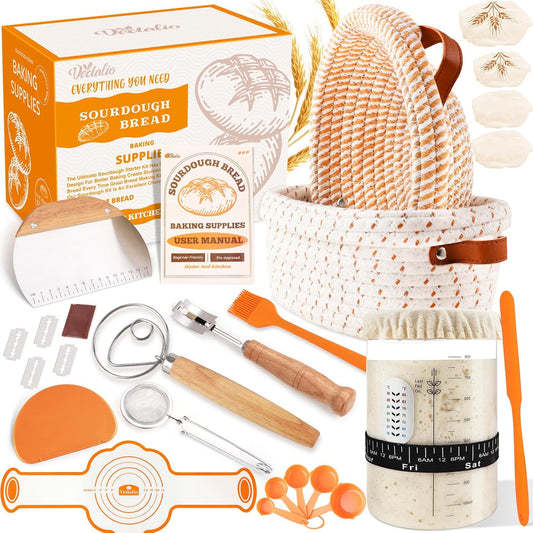 Sourdough Starter Kit, Sourdough Bread Baking Supplies, Sour Dough Starter Kits, Woven Bread Proofing Basket, Sourdough Kit Jar Sour Dough Bread Making Tools Kit Accessories, Gifts for Women Mom Wife