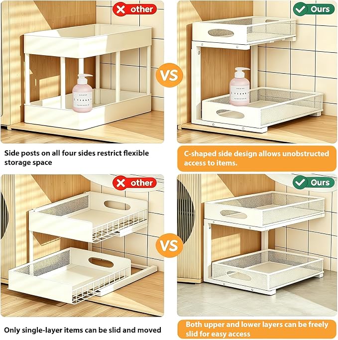 2 Pack Under Sink Organizer, 2-Tier Pull Out Kitchen Cabinet Organizer, Height Adjustable Metal Slide Out Bathroom Organizers and Storage Makeup Drawer Organizer for Office Bedroom(A-White, 2Pack) - Image 6