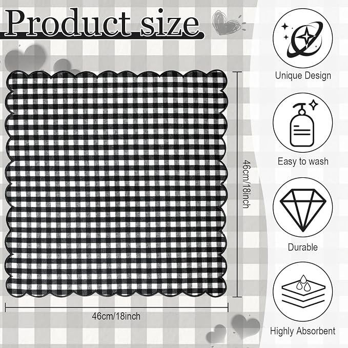 SmoothNovelty 6 Pack Buffalo Plaid Cloth Napkins 18x18 Inch Checkered Cloth Napkins Scalloped Soft Cotton Table Mat Washable Reusable for Dinner Wedding Holiday Birthday Parties (Classic,Black) - Image 2