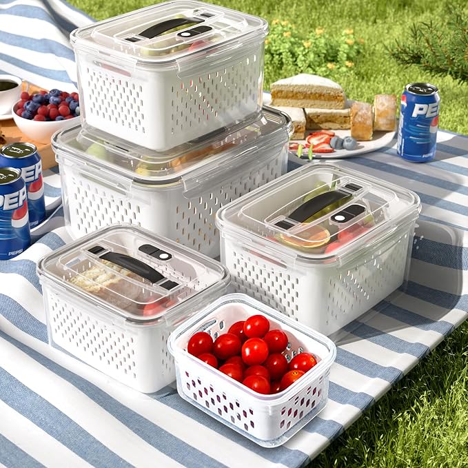 5 Pack Large Fruit Storage Containers for Fridge with vent holes and handle，Airtight Food Storage Containers Keep Fruits, Vegetables, Berry, Meat Fresh longer,BPA-free Fridge Storage Container by Ronanemon