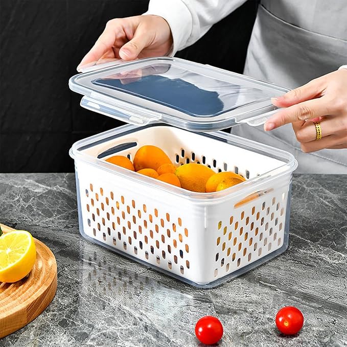 Set of 3 Airtight Fruit Storage Containers for Fridge with Removable Colanders, BPA-Free Veggie Keep-Fresh Salad Prep Bowls, Stackable Bins for Washing, Draining, and Extended Food Freshness - Image 4