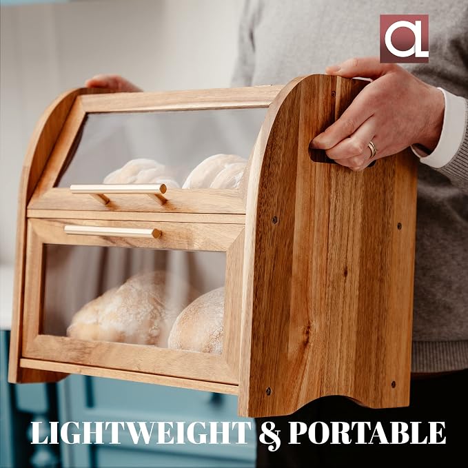 Arise Acacia Wooden Bread Box for Kitchen Countertop, Extra Large 2-Shelf | Bread Storage Container with Clear Windows & Air Vents, Bread Bin & Keeper, Keeps Bagels, Rolls & Buns Fresh, Self Assembly - Image 8