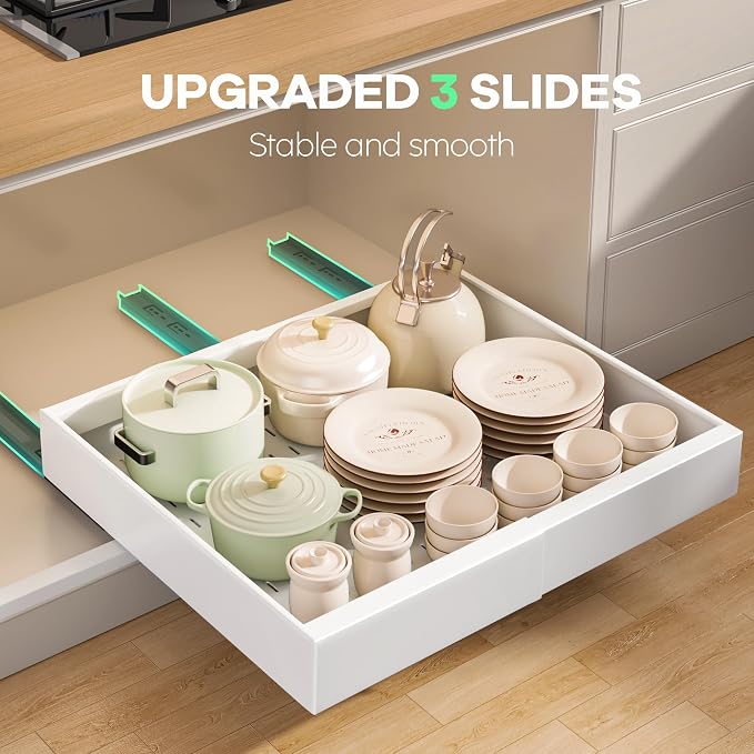 Seinloes 2Pack Pull out Cabinet Organizer 21"Deep with 4 Adjustable Dividers,Expandable（12.1"-20.4"W） Pots and Pans Organizer Under Cabinet with Raising Pad for Framed Cabinets,Slide out Drawers,White - Image 7