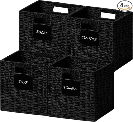UBBCARE 4 Pack Small Wicker Basket, 9×9 Storage Cubes with Label, Foldable Cube Storage Bin with Handle, Square Storage Basket for Shelves, Woven Paper Rope Basket for Organizing, Black by UBBCARE