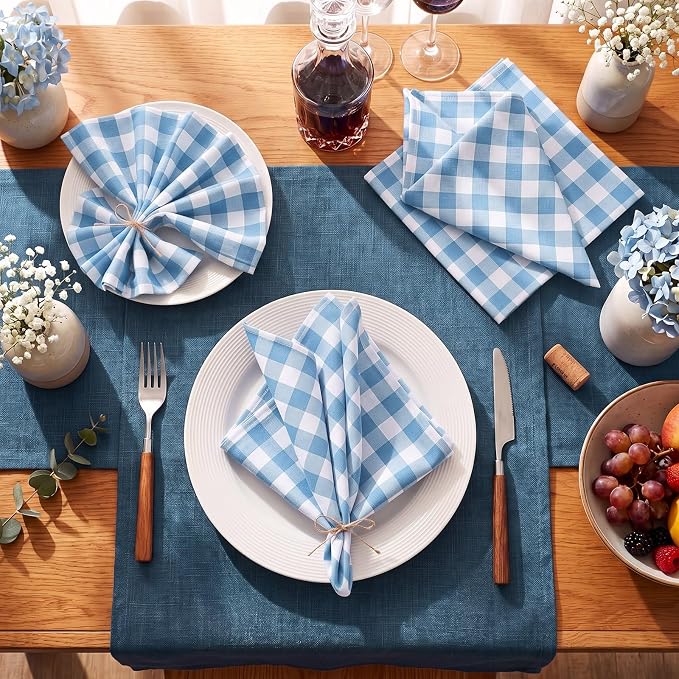 Funnymoom 24 Pcs Blue and White Plaid Gingham Cloth Napkins Coastal Nautical Beach Reusable Napkins Coastal Party Dinner Soft Absorbent for Kitchen Ocean Sea Decorations Summer Holiday Party - Image 2
