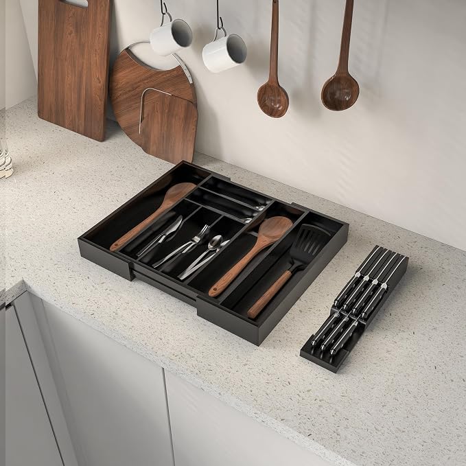 Bamboo Kitchen Drawer Organizer, Expandable Silverware Organizer with Removable Knife Block, 6-8 Slots- Utensil Holder & Cutlery Tray Drawer Dividers, 2.36" Deep for Extra Capacity, Black - Image 6