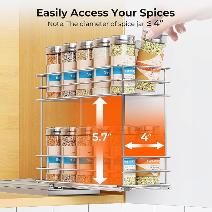 Mystozer Pull Out Spice Rack Organizer for Cabinet, Slide Out Spice Racks, Easy to Install, 4.33" Wx10.43 Dx8.66 H, 1 Drawer 2 Tiers(Silver) - Image 8