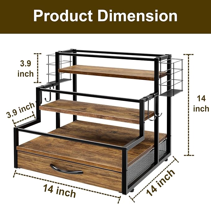 Coffee Syrup Organizer Rack, 4-Tier Stand with K-Cup Drawer & Side Hooks | All In One Holds 12 Syrup Bottles , 36 K-Cups Pump Use On-Shelf for Home Kitchen Pull-Out Drawer Side Basket For Mugs/Stirrer - Image 6