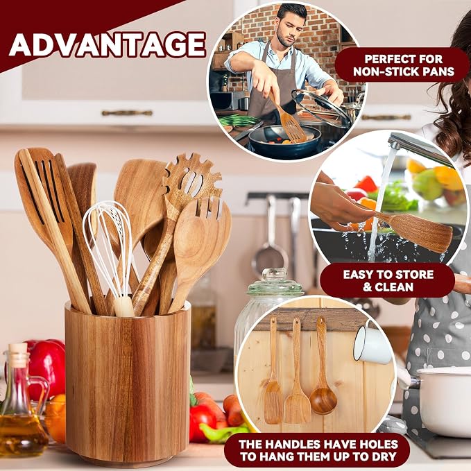 SiliFine 11 Pcs Wooden Kitchen Utensils Set with 360° Straight Rotating Holder Acacia Wood Cooking Utensils with Cooking Spoons Spatulas Nonstick Cookware Countertop Kitchen Decorations(Natural) - Image 4