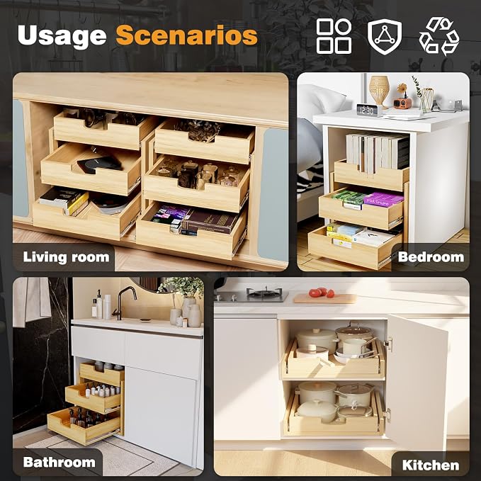 Pull Out Cabinet Organizer, 11''W×21''D Sliding Drawers for Cabinets, Soft Close Slide Out Wooden Pull out Drawers, Base Cabinet Organization for Kitchen, Pantry, Bathroom - Image 7