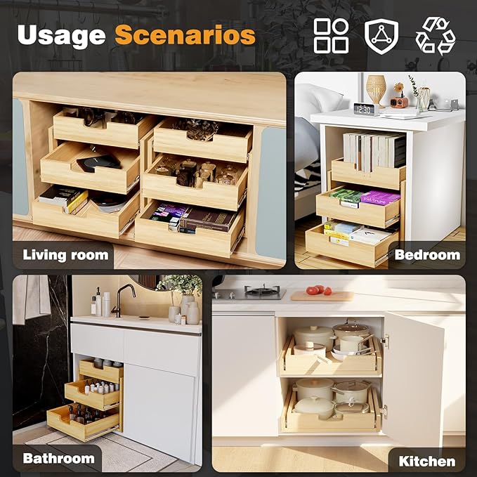 Pull Out Cabinet Organizer, 29''W×21''D Sliding Drawers for Cabinets, Soft Close Slide Out Wooden Pull out Drawers, Base Cabinet Organization for Kitchen, Pantry, Bathroom - Image 6