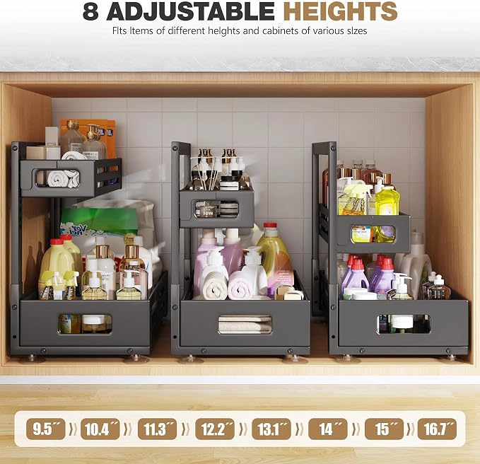 2 Pack 19IN-Depth Under Sink Organizer,Pull Out Cabinet Organizer With Smooth Cylindrical Rail,Metal Slide Out Drawer for Kitchen Bathroom Laundry,8-Level Tool Free Height Adjustable-Black - Image 9