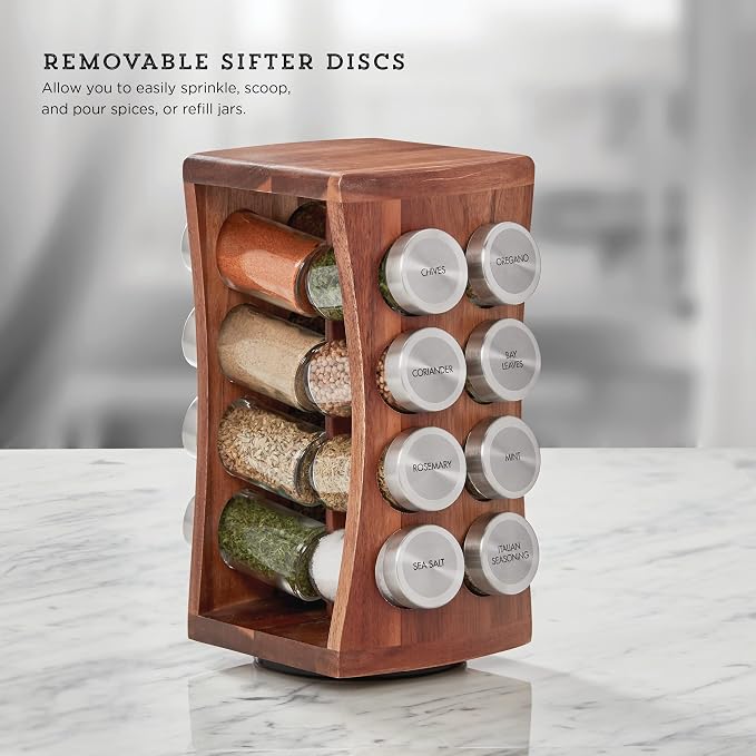 Kamenstein 16 Jar Hourglass Revolving Countertop Spice Rack with Spices Included, FREE Spice Refills for 5 years, Acacia with Stainless Steel Caps - Image 4