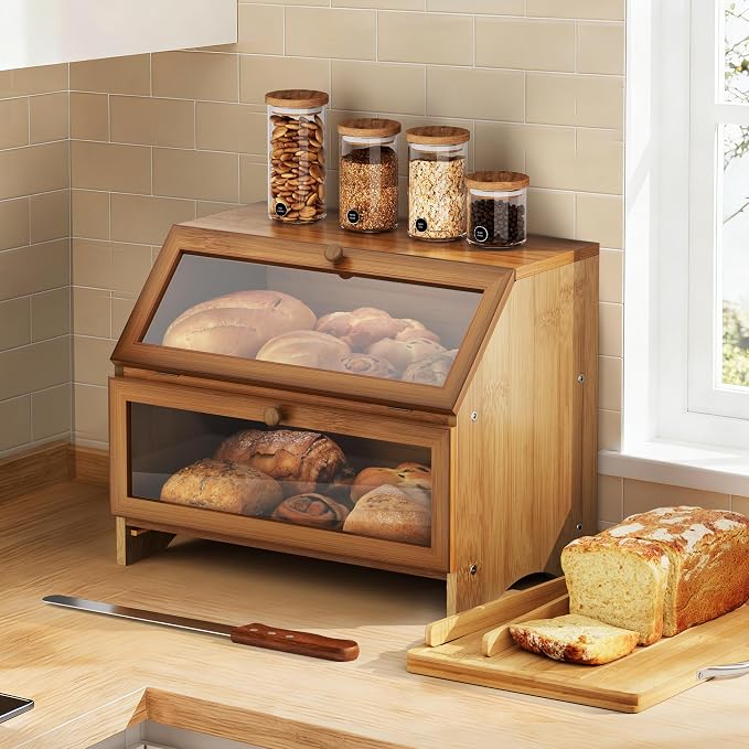MAISONPEX Double Layer Bamboo Bread Box for Kitchen Countertop, Large Capacity, Cutting Board, Stainless Steel Bread Knife, Double Layer Storage Container with Clear Windows, Walnut - Image 8