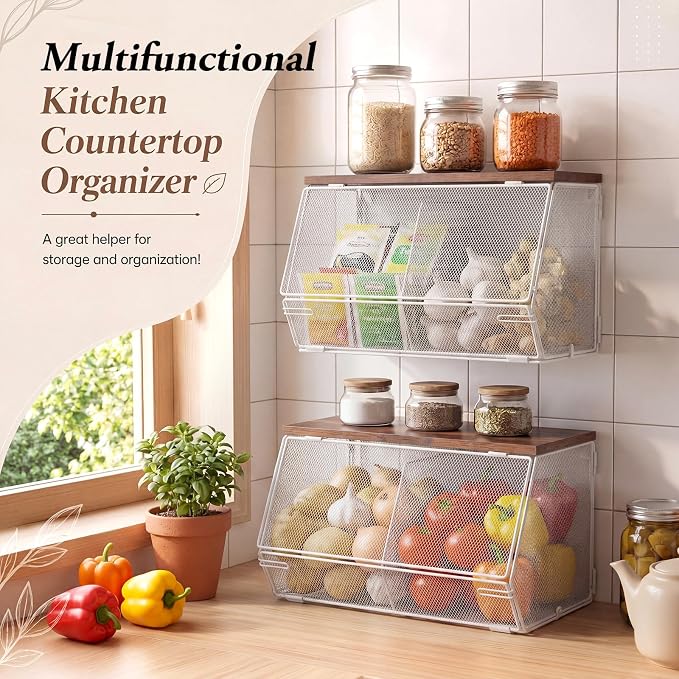 Teenyyou 2 Pcs Stackable Mesh Fruit Basket with Lid Wall Produce Vegetable Storage Basket Onion Potato Hanging Metal Wire Container for Kitchen Counter Pantry (Divided,White,8.3"w & 13.8"L) - Image 4