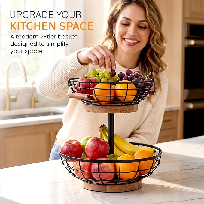 2 Tier Fruit Basket with Banana Hanger, Metal Fruit Bowl Stand with Wooden Base, Kitchen Counter Fruit Organizer for Vegetables, Bread, Snacks Storage Basket - Image 2