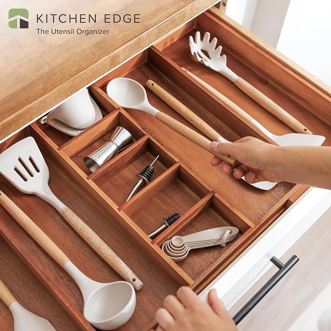 Utensil & Junk Drawer Organizer, 18.5-33 in, Acacia | Food-safe contract grade, 100% sustainable wood, non-slip, adjustable - Image 2