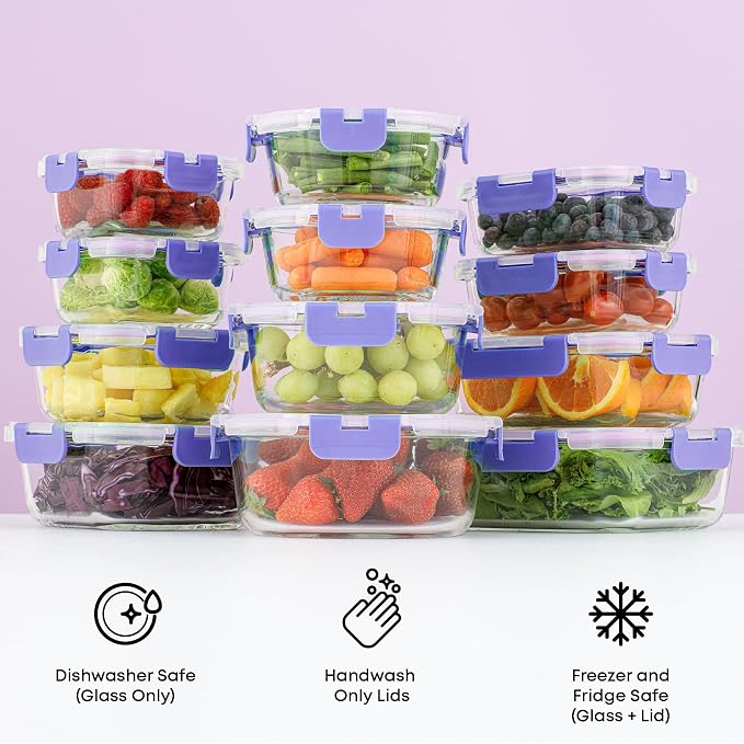 JoyJolt 24pc Borosilicate Glass Storage Containers with Lids | 12 Airtight/Freezer Safe Food Storage Containers for Pantry and Kitchen | Meal Prep Container for Lunch | Glass Tupperware Set - Image 4