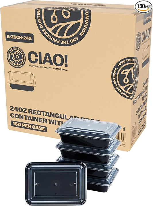 CIAO! Heavy Weight 24oz Injection Molded Microwavable Black Rectangular Food Container With Lid (150/case) by Ciao