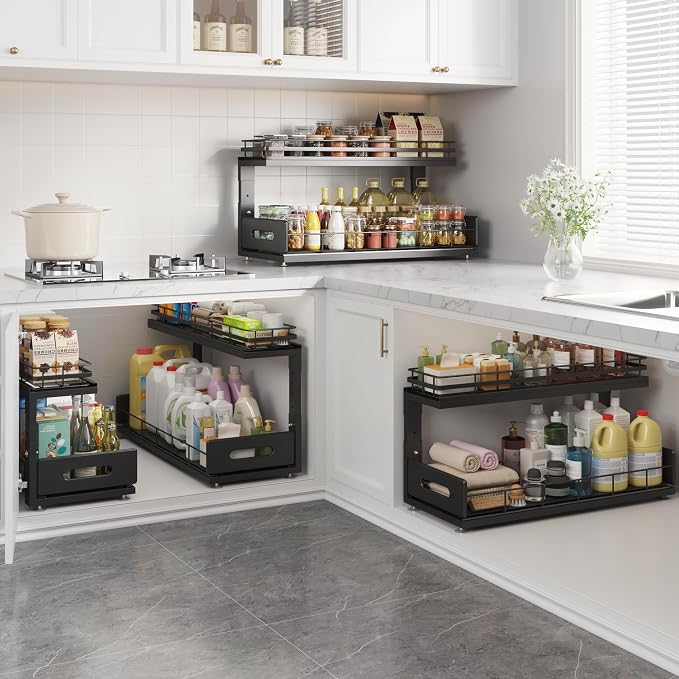 Under Sink Organizer Upgrade To Professional Rails,2-Tier Dual Pull Out Cabinet Storage,Height Adjustable Slide Out Drawers For Bathroom Kitchen,2 Pack-21"Dx12.8"-16.9"H,Black - Image 7
