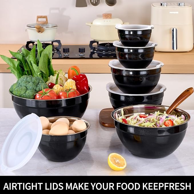 Black Mixing Bowls with Lids Set of 7, Stainless Steel Nesting Bowl with Khaki Lid for Non-slip Mixing Prepping Storing Serving, 7 Sizes-7/3.6/2.7/2.1/1.5/1/0.8 QT - Image 6