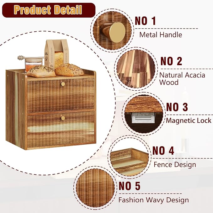 Trironsun Acacia Bread Box for Kitchen Countertop Wood Bread Storage Container Bin Double Layer BreadBox Farmhouse Large Capacity Food Organizer (Acacia Wood) - Image 7
