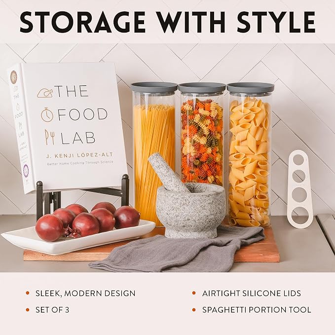 Glass Spaghetti Kitchen Storage Containers with Airtight Silicone Lids, BPA-Free Pantry Glass Storage Jars with Airtight Lid for Pasta and Dry Foods - Set of 3 with Portion Tool - Image 2