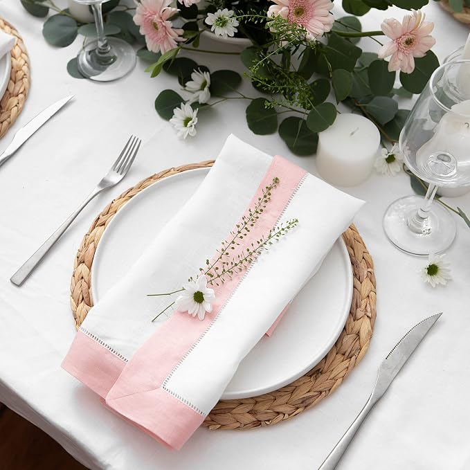 Linen Dinner Napkins 20 x 20 inch - 100% Pure Linen White and Pink Dinner Cloth Napkins Set of 4 - Classic Hemstitch Cloth Napkins Washable for Spring and Easter Decor - Image 7