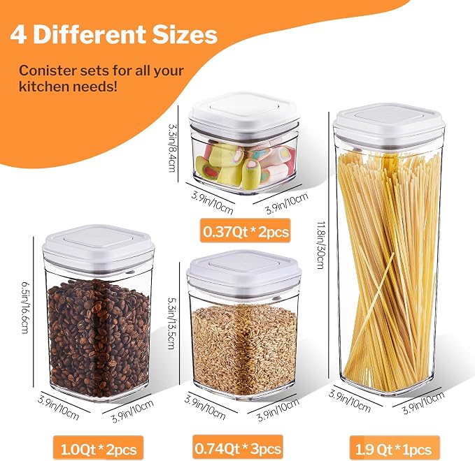 UFORU Pop Airtight Food Storage Containers, 8-Piece Canister Set with Lids | 0.37 Qt x2, 0.74 Qt x3, 1.0 Qt x2, 1.9 Qt x1, One-Touch Opening, BPA-Free, Stackable, Cereal, Rice, Flour, Snacks, Pantry Use - Image 2