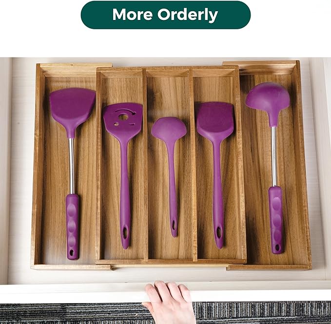 Utoplike Acacia Kitchen Drawer Organizer Expandable, Utensils Cutlery Tray | Large Silverware Divider for Knives, Flatware, Knives in Kitchen, Bedroom, Living Room, Adjustable 3-5 Slots - Image 4