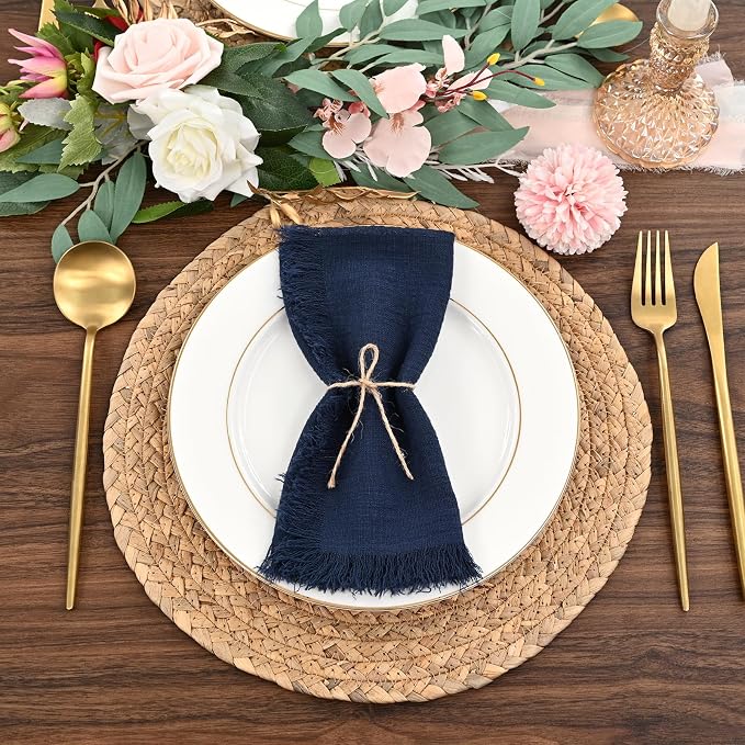 36 Pack Navy Blue Cotton Linen Napkins - 16 x 16 Inch Fringed Soft Washable Rustic Dinner Napkins for Wedding Party Dinner Table - Image 4
