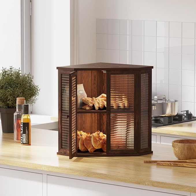 Corner bread box Bread Box for Kitchen Countertop - Corner Bread Storage Box 16.5" H, Premium Wood with Glass Door, Perfect for Homemade Bread, (Pine wood) - Image 5