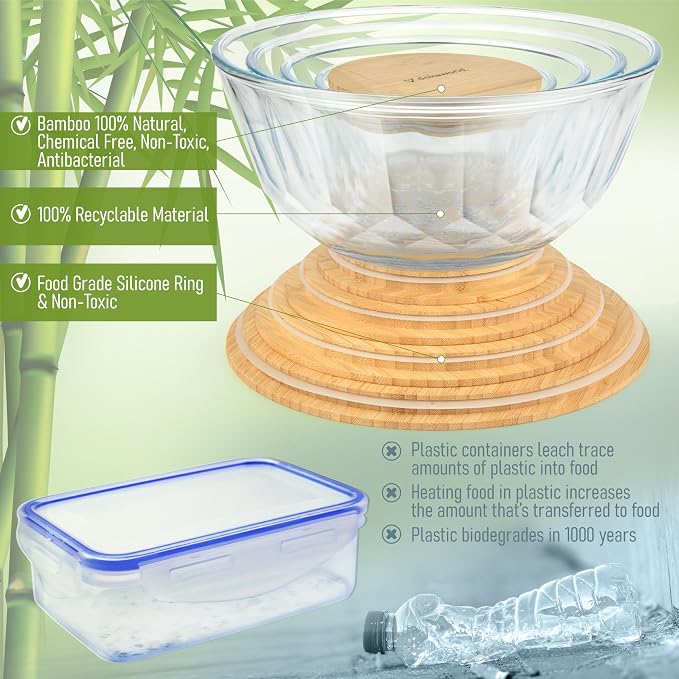 Large Stackable Set of 5 Nesting Glass Bowls with Bamboo Lids for Foodprep, Storage, Baking, Sourdough Mixing & Cooking. Microwave & Oven Safe Heat Resistant Inert Borosilicate Glass - Image 7