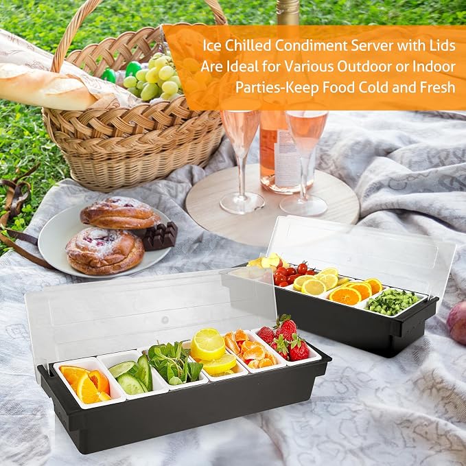 WICHEMI Ice Chilled Condiment Caddy with 6 Removable Trays and Lids | Condiment Container, Taco Bar Serving Tray, Fruit & Garnish Trays Serving Platter for Salad, Party Supplies & Bar Accessories - Image 6