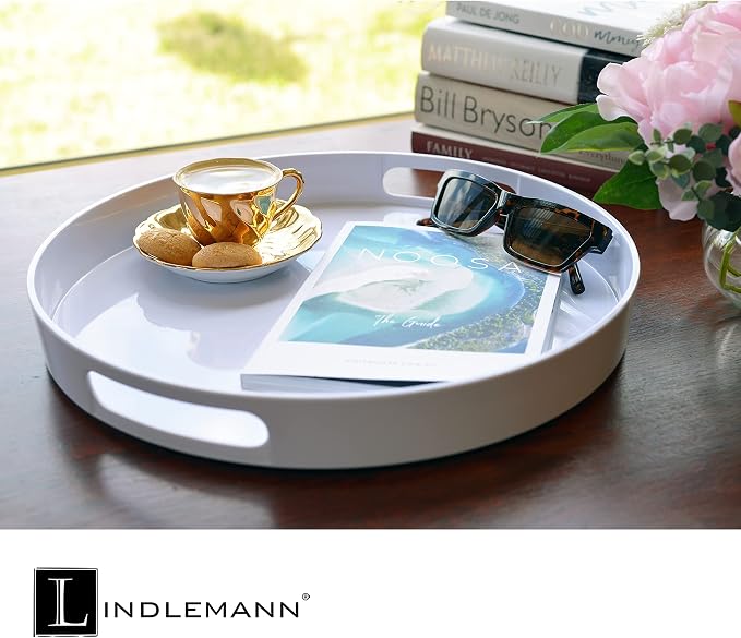 White Serving Tray Large Melamine Platter Round Breakfast Trays with Handles for Coffee Table Ottoman Living Room Home Décor Holiday Celebration & Party (13.5") - Image 7