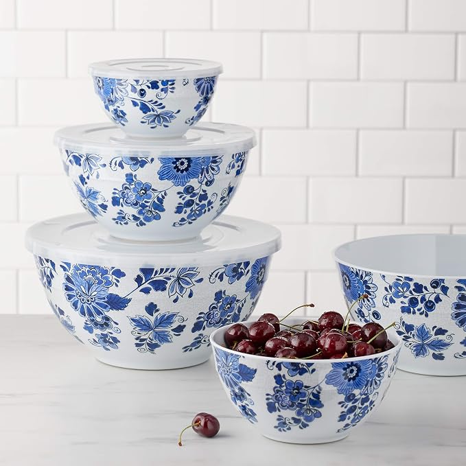 Amazon Basics Mixing Bowls with Lids, Nesting Melamine Serving Bowls, Non-Slip Base, BPA Free, Dishwasher Safe, 5 Sizes, Blue and White Floral, Set of 10 - Image 5